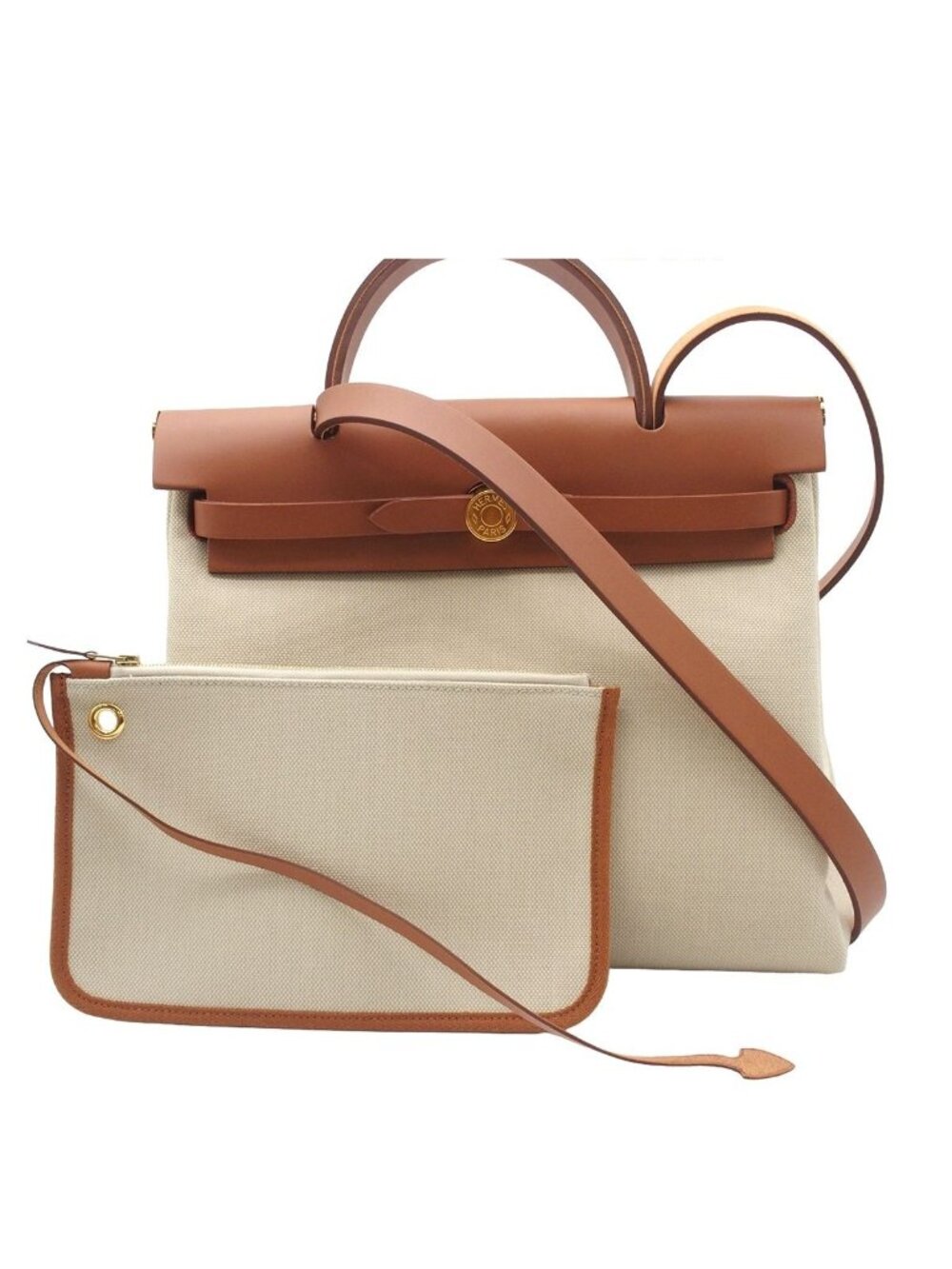 Hermes Herbag Zip PM Beton Natural Toile Hunter 2-Way Shoulder Bag